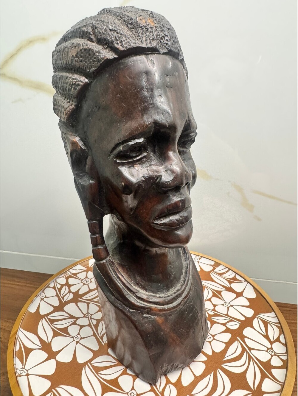• Large Antique African Hardwood Fulani Face Carving Makonde Maasai Tribal